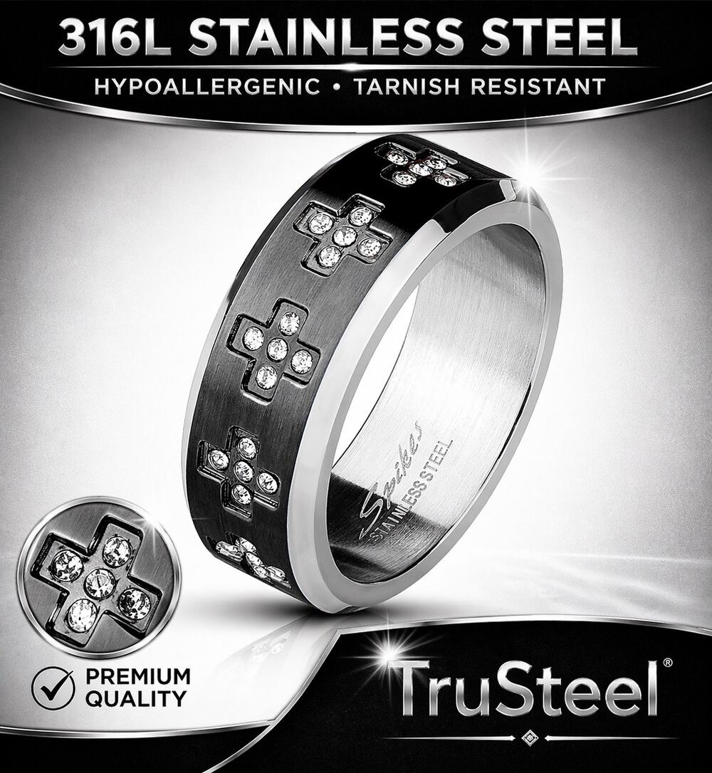 Men’s CZ Set Cross Around on Black Center Stainless Steel Ring 8m width size 10